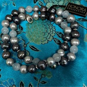 Honora black & grey pearl necklace w/ aquamarine beads & silver spacers